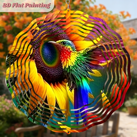 A 2D flat circular "Rainbow Hummingbird" iron wind chime. Beautiful hanging ornaments that can be hung freely. The size is 10 * 10 inches.