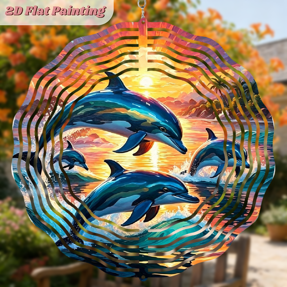 A 2D flat circular "colorful dolphin" iron wind chime. Beautiful hanging ornaments, free to hang. Size: 10 * 10 inches.