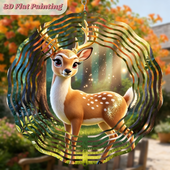 A 2D flat circular iron wind chime. Theme "Cute Spotted Deer". Beautiful hanging ornaments for free hanging. The size is 10 * 10 inches.