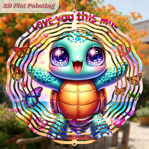 A 2D flat circular iron wind chime. Theme "Cute Turtle". Beautiful hanging ornaments for free hanging. The size is 10 * 10 inches.