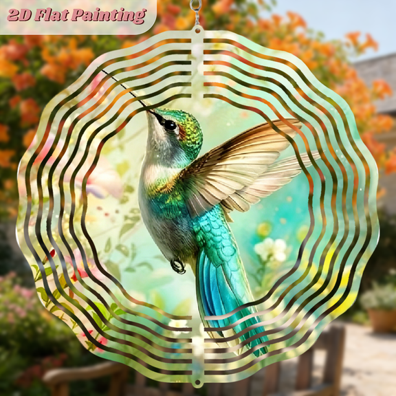 A 2D flat circular iron wind chime, themed "Colorful Hummingbird". Beautiful hanging ornaments that can be hung freely. The size is 10 * 10 inches.