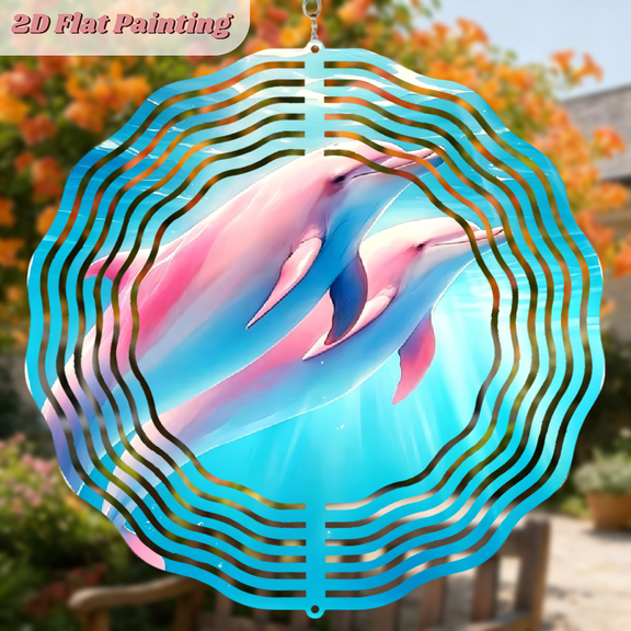 A 2D flat circular iron wind chime, themed "Playful Dolphins". Beautiful hanging ornaments that can be hung freely. The size is 10 * 10 inches.