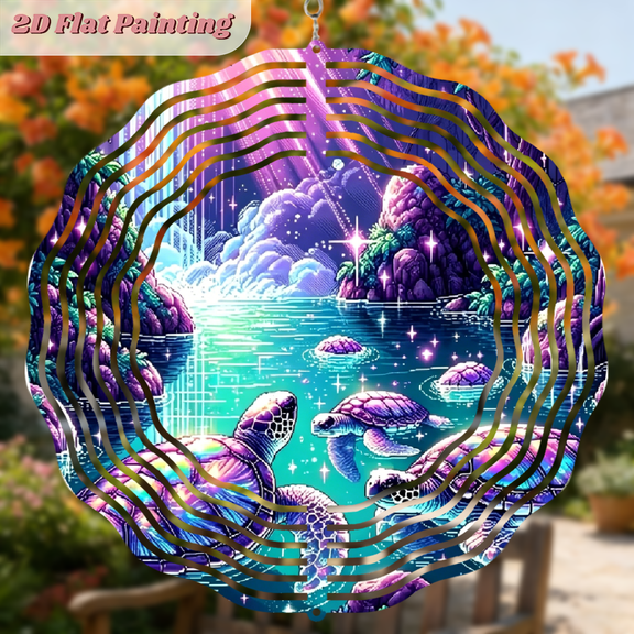 A 2D flat circular iron wind chime, themed "Purple Turtles". Beautiful hanging ornaments that can be hung freely. The size is 10 * 10 inches.