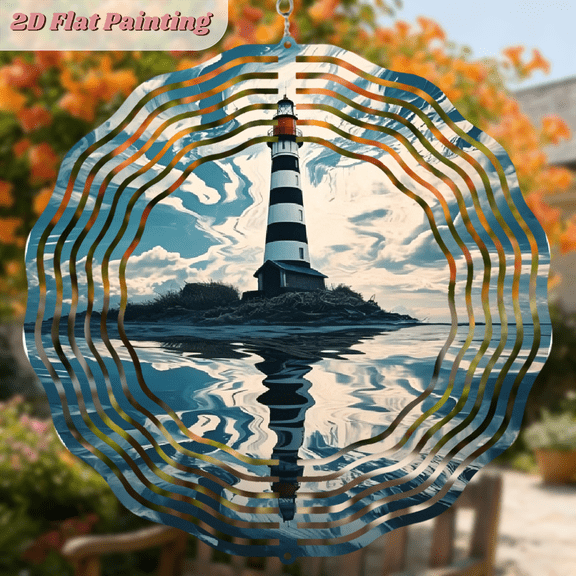 A 2D flat circular iron wind chime, themed "Tall Lighthouse". A beautiful Hanging Ornament that can be hung anywhere. The size is 10 * 10 inches.