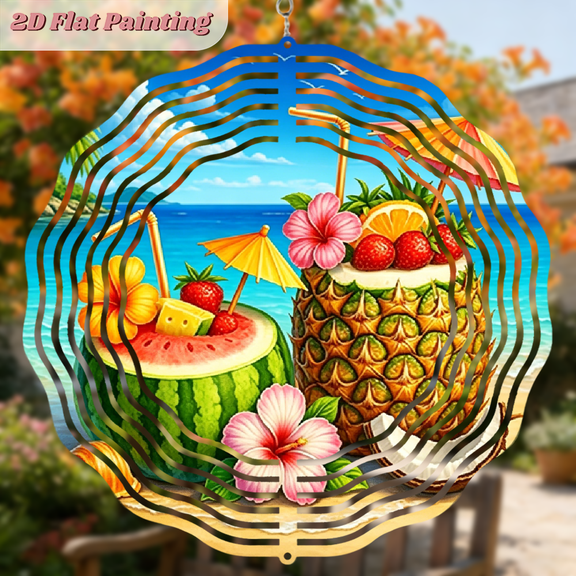 A 2D flat circular iron wind chime with fresh fruit pattern. Beautiful hanging ornaments that can be hung freely. The size is 10 * 10 inches.