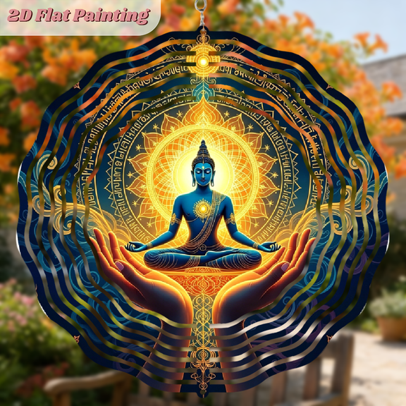 A 2D flat circular iron wind chime with meditating buddha pattern. Beautiful hanging ornaments for free hanging. The size is 10 * 10 inches.