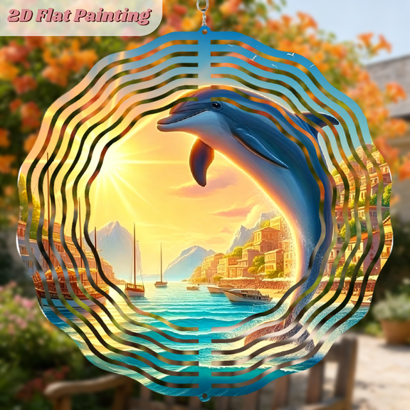 A 2D flat circular "playful dolphin" iron wind chime. Beautiful hanging ornaments that can be hung anywhere. The size is 10 * 10 inches.