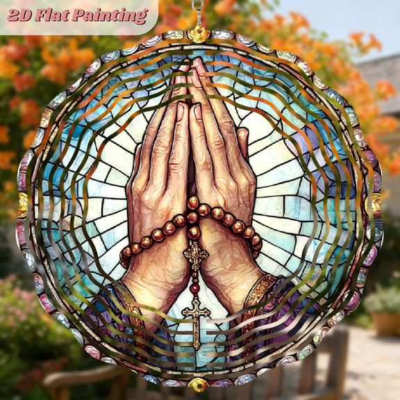 A 2D flat circular praying hands rosary iron wind chime. Beautiful hanging ornaments for free suspension. The size is 10 * 10 inches.