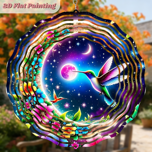 A 2D flat circular starry hummingbird iron wind chime. Beautiful Hanging Ornaments. The size is 10 * 10 inches.