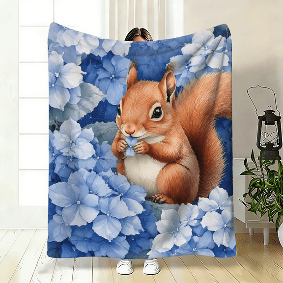 A 2D flat flannel blanket with a blue squirrel pattern, warm, soft and light, available in 30×40 inches, 40×50 inches and 50×60 inches.