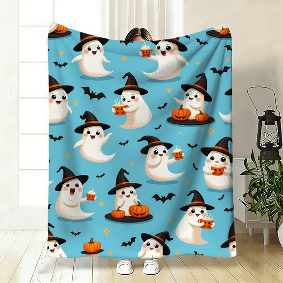 A 2D flat flannel blanket with a ghost Witch pattern, warm, soft and light. Specifications and dimensions: 30×40 inches, 40×50 inches, 50×60 inches.