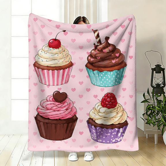 A 2D flat flannel blanket with colorful cupcake patterns, warm, soft and light, available in 30×40 inches, 40×50 inches and 50×60 inches.