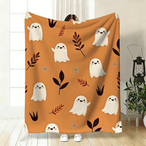 A 2D flat flannel blanket with cute ghost patterns, warm, soft and light. Specifications and dimensions: 30×40 inches, 40×50 inches, 50×60 inches.