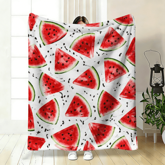 A 2D flat flannel blanket with watermelon slice patterns, warm, soft and light, available in 30×40 inches, 40×50 inches and 50×60 inches.