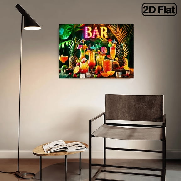 A 2D flat horizontal 500 - piece puzzle of a bar with neon sign, cocktails and tropical fruits. USA 250th Anniversary. Size: 20.4 * 14.9 inches.