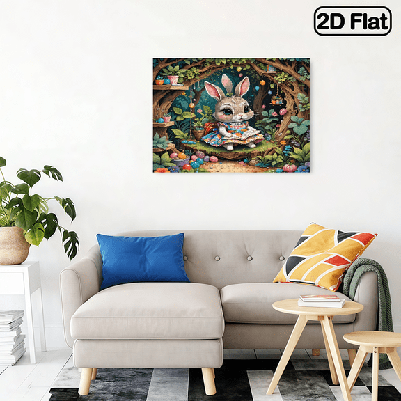 A 2D flat horizontal 500 - piece puzzle of a bunny reading in a tree hole. USA 250th Anniversary. The size is 20.4 * 14.9 inches.
