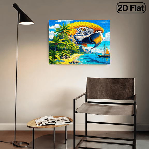 A 2D flat horizontal 500 - piece puzzle of a parrot, palm trees, sea and sailboat. USA 250th Anniversary. Size: 20.4 * 14.9 inches.
