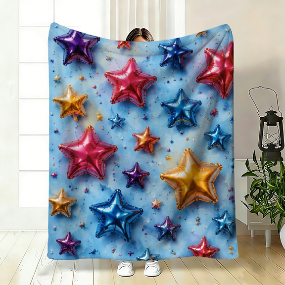 A 2D flat multi-color star-patterned flannel blanket, warm, soft and light, available in 30×40 inches, 40×50 inches and 50×60 inches.