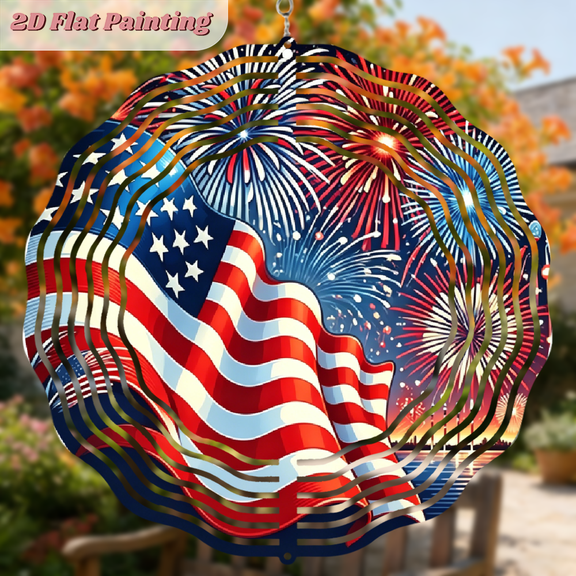 A 2D flat round iron wind chime with "fireworks & American flag" design, beautiful hanging ornaments, size 10 * 10 inches.