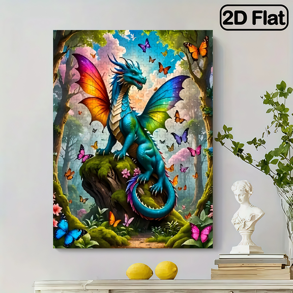 A 2D flat vertical 500 - piece jigsaw puzzle. Theme: "fantasy colorful dragon in forest". Size: 14.9 * 20.4 inches.