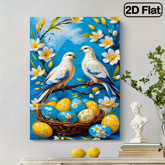 A 2D flat vertical 500 - piece jigsaw puzzle. Theme: "graceful doves with Easter eggs". Size: 14.9 * 20.4 inches.