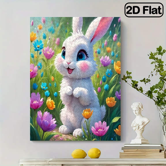 A 2D flat vertical 500 - piece puzzle of a cheerful white rabbit in a colorful flower field, size 14.9 * 20.4 inches.