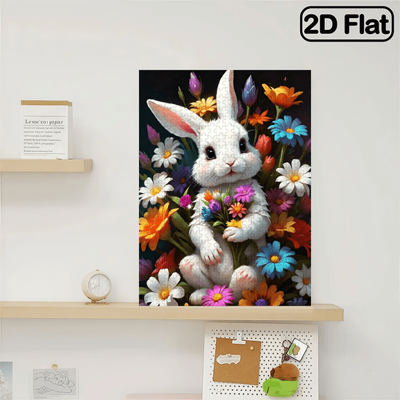 A 2D flat vertical 500 - piece puzzle of a white rabbit holding flowers among colorful blooms, size 14.9 * 20.4 inches, USA 250th Anniversary.