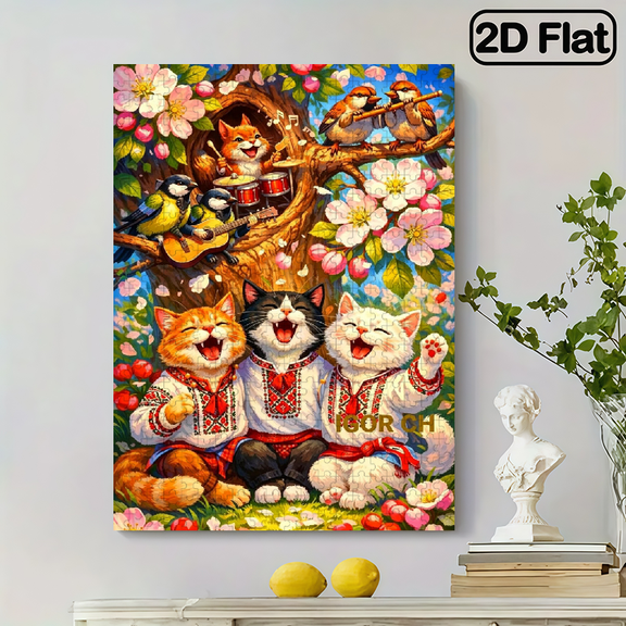 A 2D flat vertical 500 - piece puzzle of cats in folk costumes singing, birds playing instruments on a tree. Size: 14.9 * 20.4 inches.
