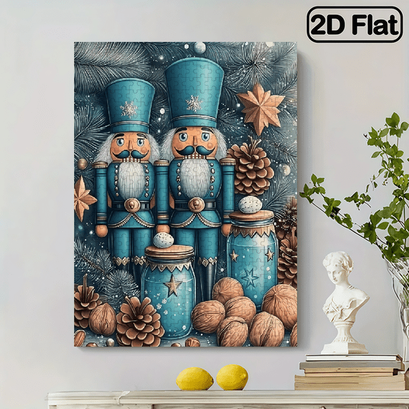 A 2D flat vertical 500 - piece puzzle of two blue nutcrackers, pinecones, and jars. Size: 14.9 * 20.4 inches.