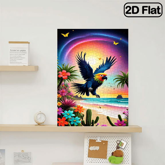 A 2D flat vertical 500 - piece puzzle (size 14.9 * 20.4 inches) featuring a flying parrot, beach, rainbow and tropical plants. USA 250th Anniversary.