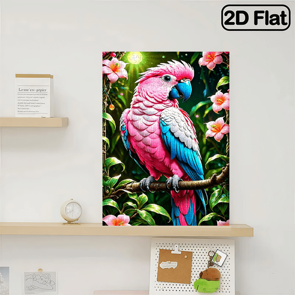 A 2D flat vertical 500 - piece puzzle (size 14.9 * 20.4 inches) with a pink - blue parrot, tree branch and blooming flowers. USA 250th Anniversary.