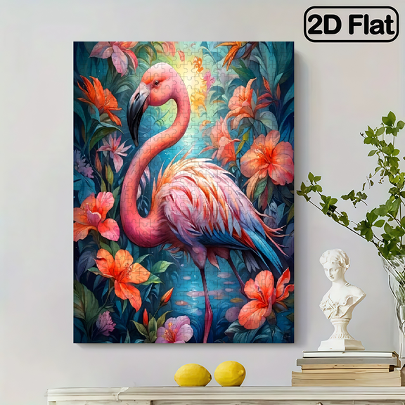 A 2D flat vertical "pink flamingo in a lush tropical flower garden" 500 - piece puzzle. The size is 14.9 * 20.4 inches.