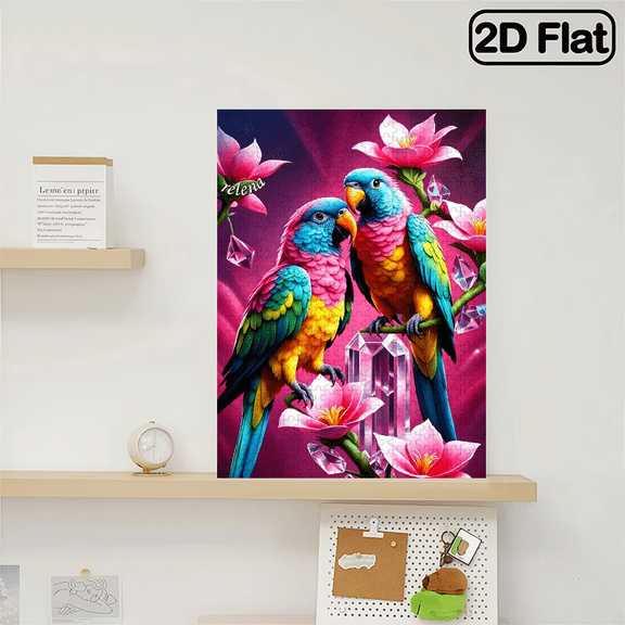 A 2D flat vertical “two colorful parrots” 500 - piece puzzle. The size is 14.9 * 20.4 inches. USA 250th Anniversary.