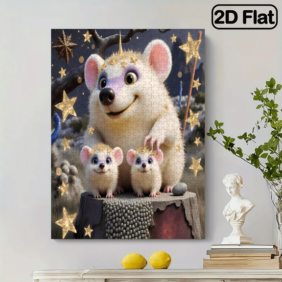 A 2D vertical 500-piece puzzle. Theme: "A smiling mouse and two mice with golden stars". Size: 14.9 inches × 20.4 inches.