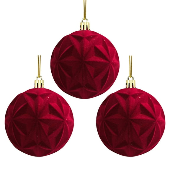 A 3 Piece Velvet Christmas Balls Flocked Red With White Cross Design Tree Ornaments Plastic Hanging Decorations Set Of 3 3Inch