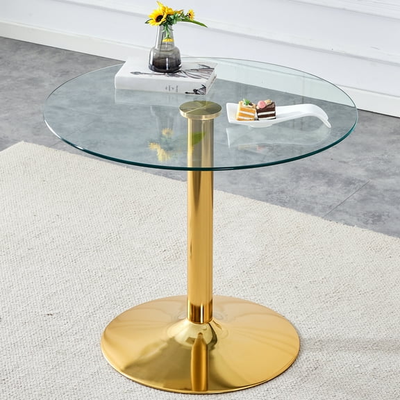 A 35-inch Diameter Glass Top and a Modern, Minimalist Round Dining Table with Gold Metal Legs. Ideal for Dining Rooms, Living Rooms and Meeting Rooms