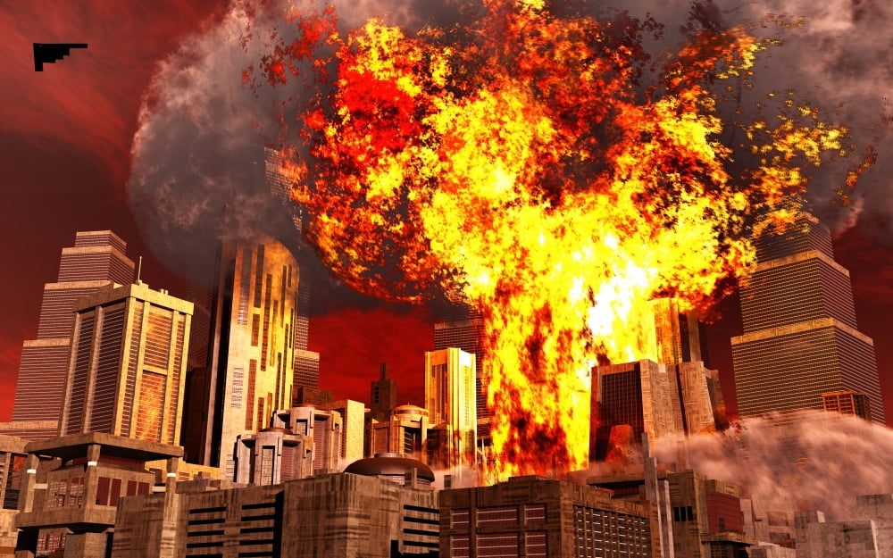 A 3D conceptual image of a stealth bomber nuking a city Canvas Art - Mark StevensonStocktrek Images (18 x 12)