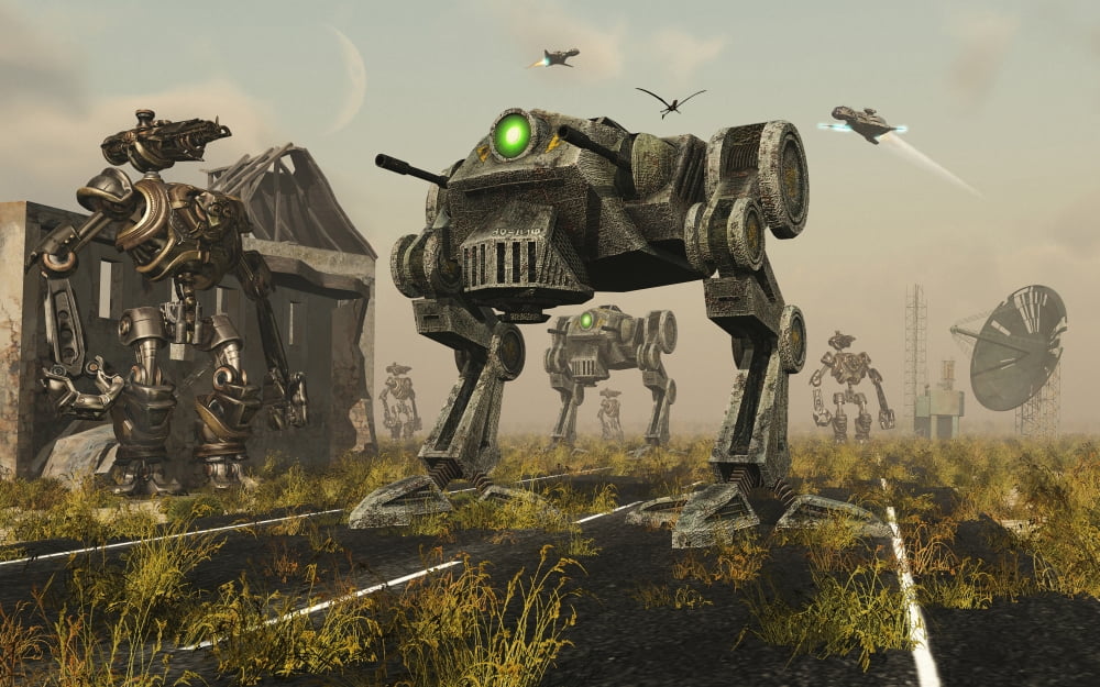 A 3D conceptual image where man uses machines on the battlefield Canvas Art - Mark StevensonStocktrek Images (36 x 23)