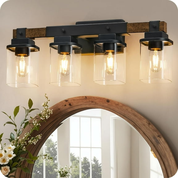 A 4-Light Rustic Bathroom Vanity Light Fixtures with Glass Shades | Farmhouse Style Wall Sconce | E26 Base (Bulbs Not Included) | ETL Listed