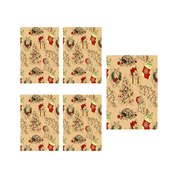 A 5 Pack Kraft Paper Holiday Gift Wrapping Paper 19.68X27.55 Inches Diy Surprise Present Packaging Winter Theme Design Christmas Cat