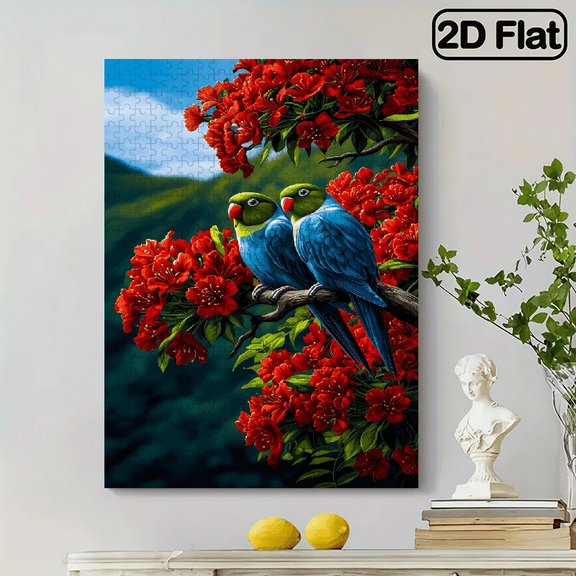 A 500 - piece vertical puzzle of two blue - green parrots with red flowers, 2D flat, 14.9 * 20.4 inches, USA 250th Anniversary.