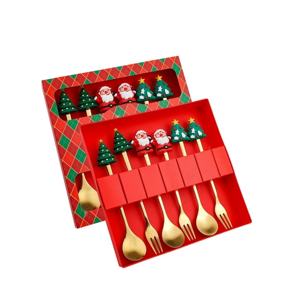 A 6-Piece Christmas Dessert Fork And Spoon Set, 15.5Cm Plastic Utensils With Gift Box, Holiday Party Cutlery For Kids Adults