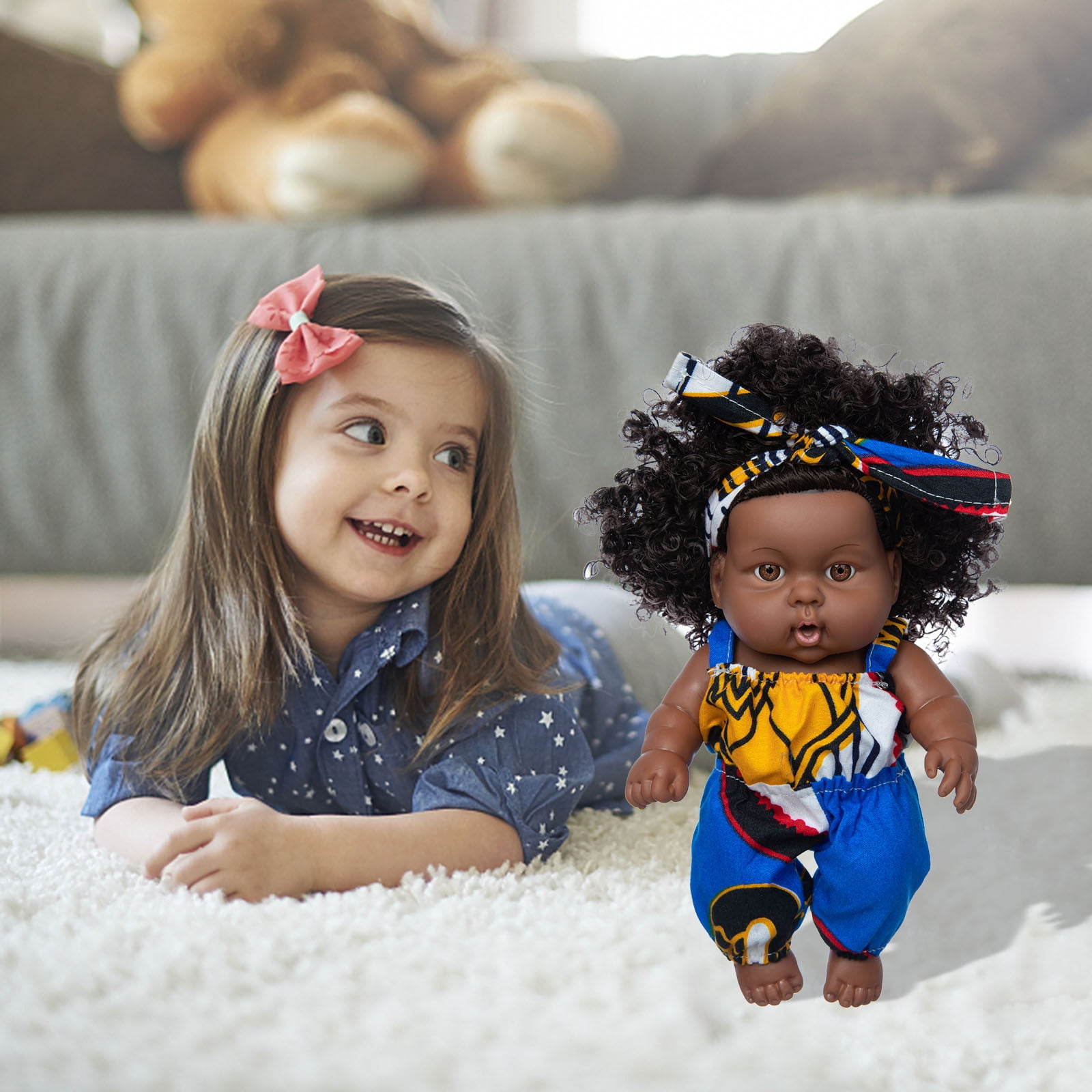 A 8 Inch Soft Vinyl Black Baby Doll Realistic Curly Hair Cute Toddler ...