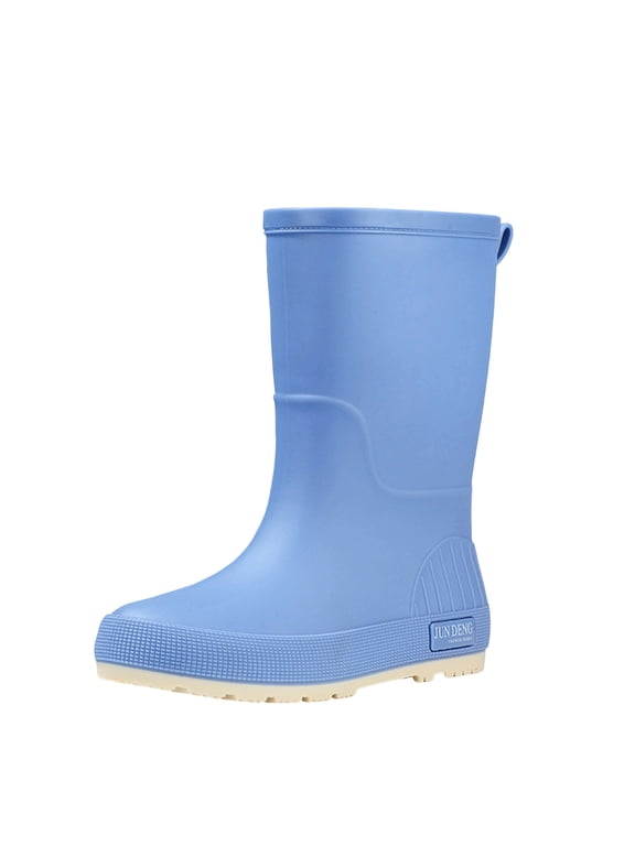 A-817 Sky Blue Womens Mid Calf Rain Boots Waterproof Chunky Heel Outdoor Style Fall Winter Comfortable Slip On Casual Rain Boots