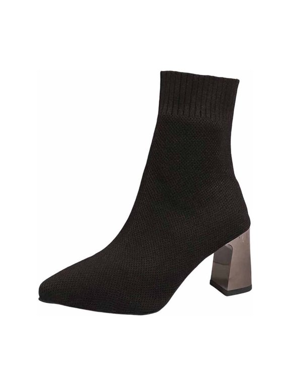 A-863 Black Women Knitted Stretch Mid Calf Boots Pointed Toe Chunky High Heel Solid Color Casual Sock Style
