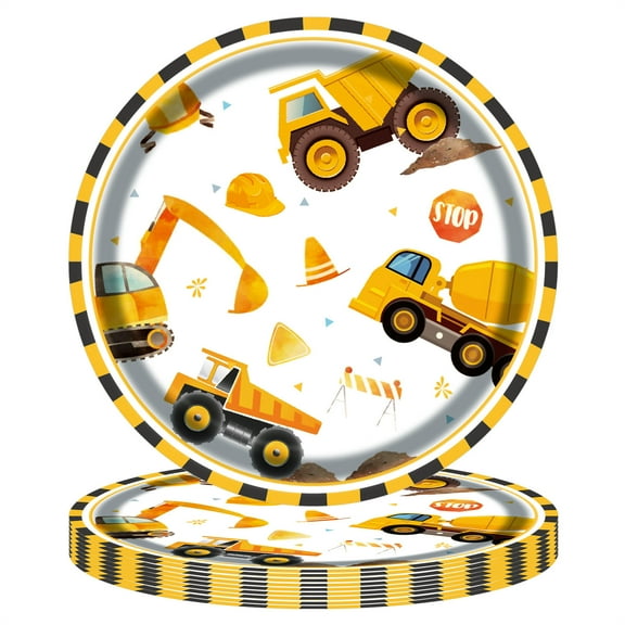 A-972 A Boy Girl Construction Theme Party Plates 24 Pack Disposable 7 Inch Dinner Plates For Kids Birthday Party Construction Vehicle Design Durable Paper Plates For Cake Snacks Desserts