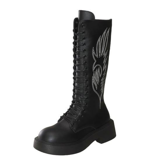 A-974 Black Ladies Fashionable Casual Solid Color Lace Up Round Toe Mid Heel Knee High Winter Boots For Women
