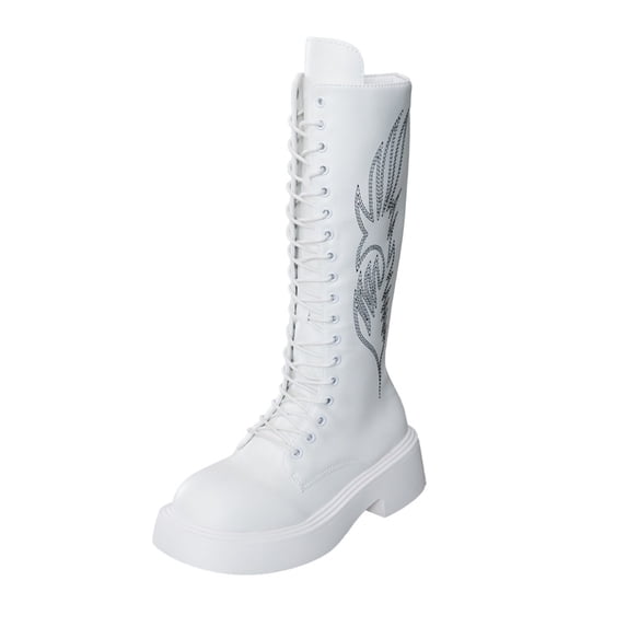A-974 White Womens Fashionable Casual Solid Color Round Toe Lace Up Mid Heel Knee High Boots For Winter