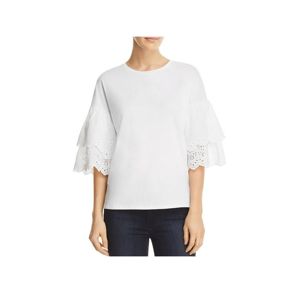A+A Collection Womens Eyelet Ruffle Sleeves Pullover Top White M