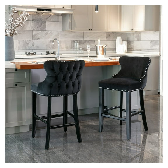 A&A Furniture,Contemporary Upholstered Wing-Back Barstools with Button Tufted Decoration and Wooden Legs, and Nailhead Trim, Leisure Style Bar Chairs,Bar stools,Set of 2 (Black),SW1824BK